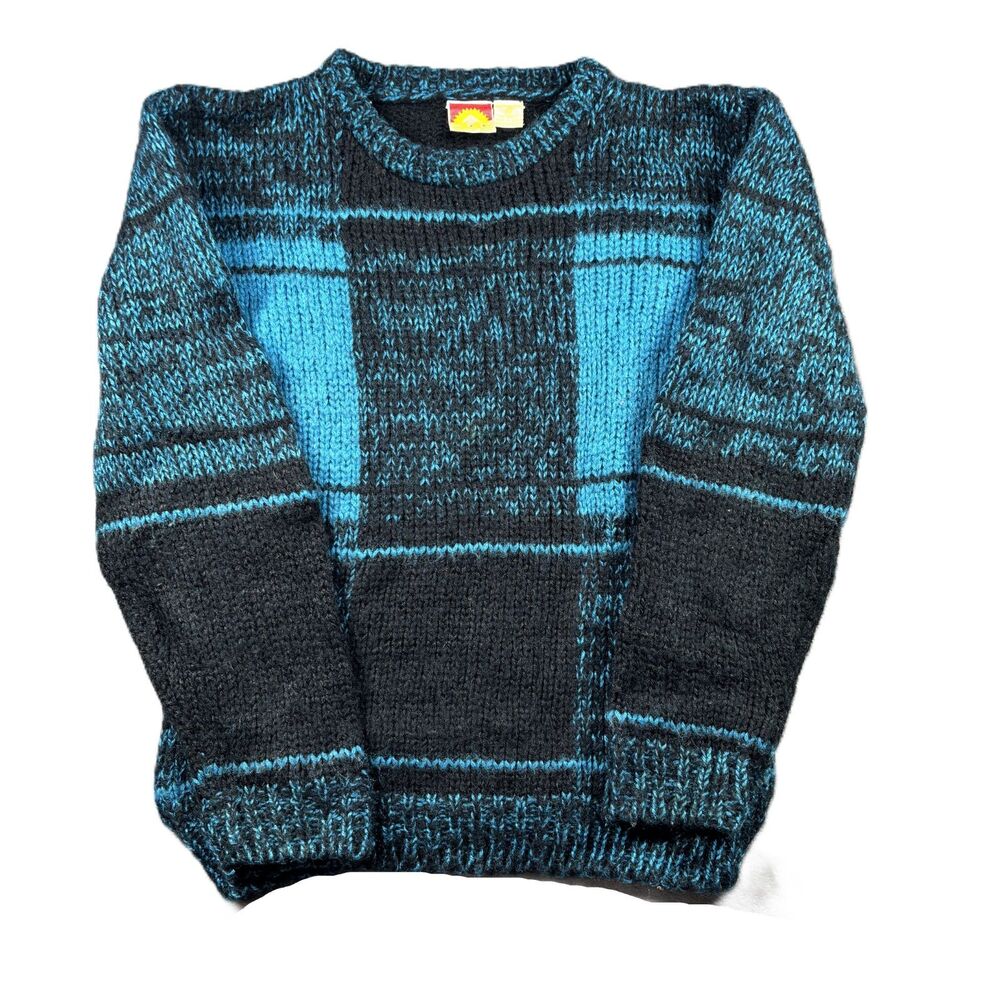 EZ Spirit Vintage 80s 90s Women Sweater Plaid Grandpa Turquoise Black Small M123